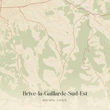 Brive-la-gaillarde-sud-est 'in klasik duvar sanat haritası, Brive-la-Gaillarde, Yeni Aquitaine, Fransa. Ormanlar, yollar, şehirler, göller ve nehirlerle ilgili hava planı.