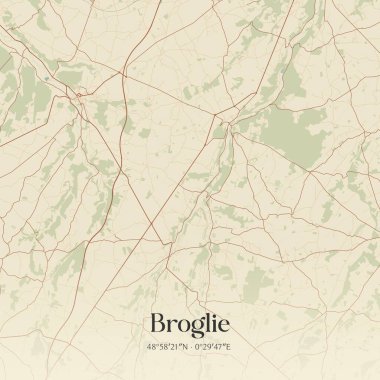 Broglie 'nin klasik duvar haritası, Bernay, Normandie, Fransa' da. Ormanlar, yollar, şehirler, göller ve nehirlerle ilgili hava planı.