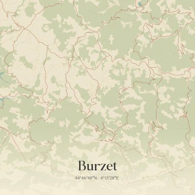 Largentiere, Auvergne-Rhone-Alpes, Fransa 'da bulunan Burzet' in klasik duvar sanat haritası. Ormanlar, yollar, şehirler, göller ve nehirlerle ilgili hava planı.