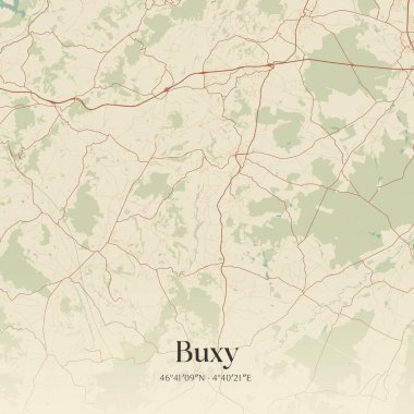 Buxy 'nin klasik duvar haritası, Chalon-sur-Saone, Bourgogne-Franche-Comte, Fransa. Ormanlar, yollar, şehirler, göller ve nehirlerle ilgili hava planı.