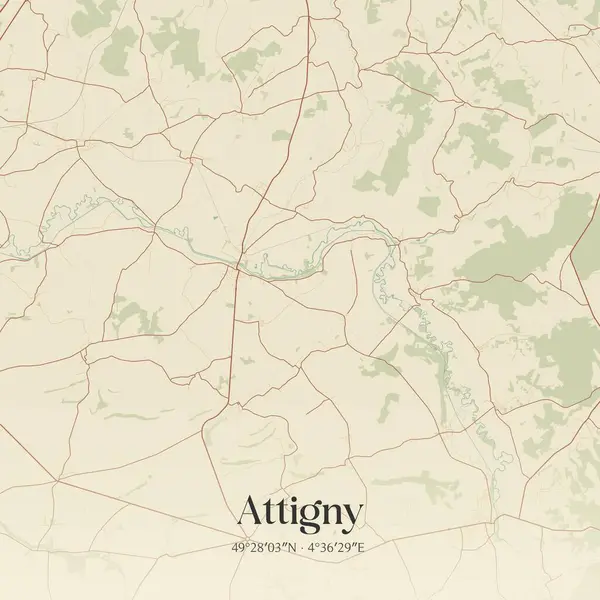 Vouziers, Grand Est, Fransa 'daki attigny' nin klasik duvar sanat haritası. Ormanlar, yollar, şehirler, göller ve nehirlerle ilgili hava planı.