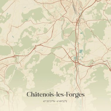 Fransa 'nın Belfort, Bourgogne-Franche-Comte kentinde bulunan chatenois-les-forges' in klasik duvar sanat haritası. Ormanlar, yollar, şehirler, göller ve nehirlerle ilgili hava planı.