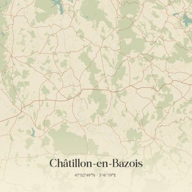 Chateau-Chinon (Ville), Bourgogne-Franche-Comte, Fransa 'da bulunan Chatillon-en-bazois' in klasik duvar sanat haritası. Ormanlar, yollar, şehirler, göller ve nehirlerle ilgili hava planı.