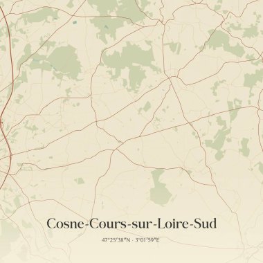Cosne-cours-sur-loire-sud 'un klasik duvar sanat haritası, Cosne-Cours-sur-Loire, Bourgogne-Franche-Comte, Fransa. Ormanlar, yollar, şehirler, göller ve nehirlerle ilgili hava planı.