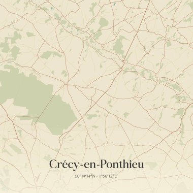 Vintage wall art map of crecy-en-ponthieu, located in Abbeville, Hauts-de-France, France. Aerial plan with forests, roads, cities, lakes and rivers. clipart