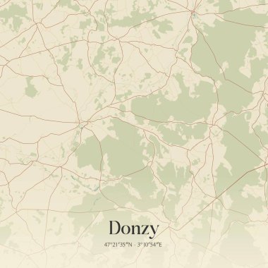 Vintage wall art map of donzy, located in Cosne-Cours-sur-Loire, Bourgogne-Franche-Comte, France. Aerial plan with forests, roads, cities, lakes and rivers. clipart