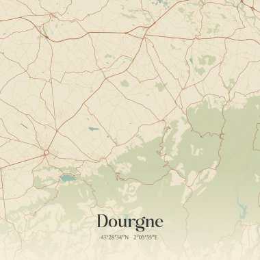 Dourgne 'un klasik duvar sanat haritası, Castres, Occitanie, Fransa' da. Ormanlar, yollar, şehirler, göller ve nehirlerle ilgili hava planı.