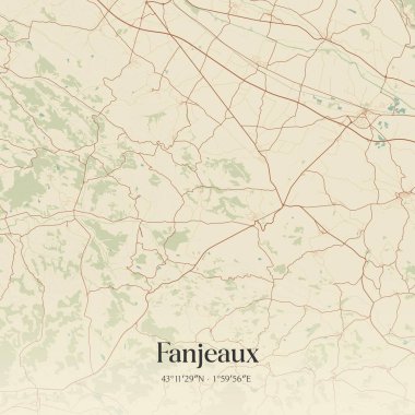 Fanjeaux 'nun klasik duvar sanat haritası, Carcassonne, Occitanie, Fransa' da. Ormanlar, yollar, şehirler, göller ve nehirlerle ilgili hava planı.