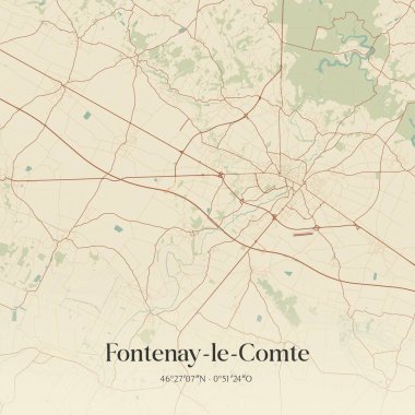 Fontenay-le-comte 'un klasik duvar sanat haritası, Fontenay-le-Comte, Pays de la Loire, Fransa. Ormanlar, yollar, şehirler, göller ve nehirlerle ilgili hava planı.