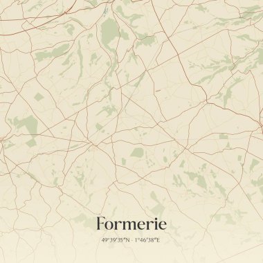 Beauvais, Hauts-de-France, Fransa 'da bulunan eski duvar sanat haritası. Ormanlar, yollar, şehirler, göller ve nehirlerle ilgili hava planı.