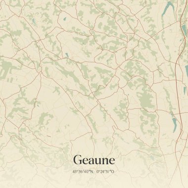 Mont-de-Marsan, Nouvelle-Aquitaine, Fransa 'da bulunan Geaune' nin klasik duvar sanat haritası. Ormanlar, yollar, şehirler, göller ve nehirlerle ilgili hava planı.