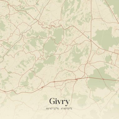 Verginin klasik duvar sanat haritası, Chalon-sur-Saone, Bourgogne-Franche-Comte, Fransa. Ormanlar, yollar, şehirler, göller ve nehirlerle ilgili hava planı.