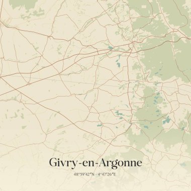 Givry-en-argonne 'un klasik duvar haritası, Sainte-Menehould, Grand Est, Fransa. Ormanlar, yollar, şehirler, göller ve nehirlerle ilgili hava planı.