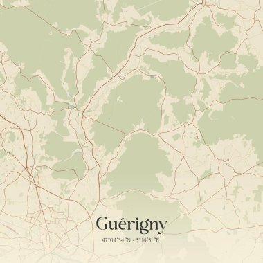 Vintage wall art map of guerigny, located in Nevers, Bourgogne-Franche-Comte, France. Aerial plan with forests, roads, cities, lakes and rivers. clipart