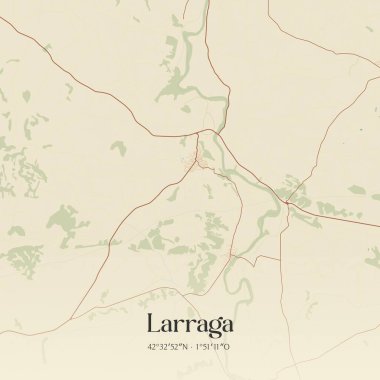 Vintage wall art map of Larraga, located in Comunidad Foral de Navarra, Spain. Aerial plan with forests, roads, cities, lakes and rivers.