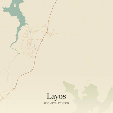 Castilla-La Mancha, İspanya 'da bulunan Layos' un klasik duvar sanat haritası. Ormanlar, yollar, şehirler, göller ve nehirlerle ilgili hava planı.