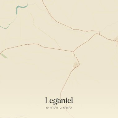 İspanya, Castilla-La Mancha 'da bulunan Leganiel' in klasik duvar sanat haritası. Ormanlar, yollar, şehirler, göller ve nehirlerle ilgili hava planı.