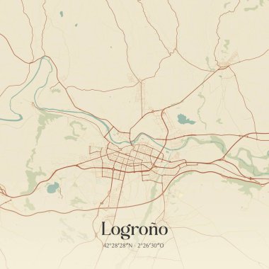Logrono 'nun klasik duvar sanat haritası, La Rioja, İspanya' da. Ormanlar, yollar, şehirler, göller ve nehirlerle ilgili hava planı.