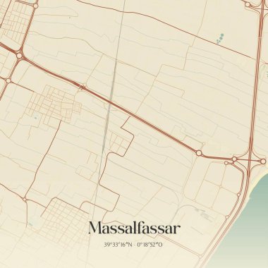 Massalfassar 'ın klasik duvar sanat haritası, İspanya, Valenciana' da bulunuyor. Ormanlar, yollar, şehirler, göller ve nehirlerle ilgili hava planı.