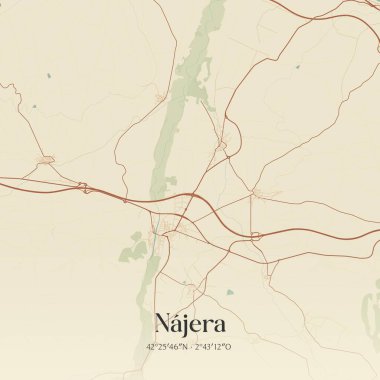 Vintage wall art map of Najera, located in La Rioja, Spain. Aerial plan with forests, roads, cities, lakes and rivers. clipart