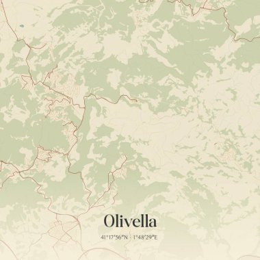 Olivella 'nın klasik duvar haritası, Kataluna, İspanya' da. Ormanlar, yollar, şehirler, göller ve nehirlerle ilgili hava planı.