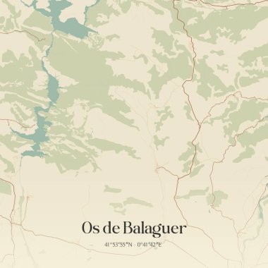 İspanya 'nın Kataluna şehrinde bulunan Os de Balaguer' in klasik duvar haritası. Ormanlar, yollar, şehirler, göller ve nehirlerle ilgili hava planı.