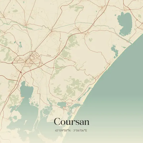 Coursan 'ın klasik duvar sanat haritası, Narbonne, Occitanie, Fransa' da. Ormanlar, yollar, şehirler, göller ve nehirlerle ilgili hava planı.