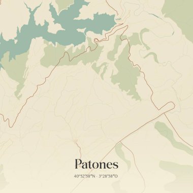 Vintage wall art map of Patones, located in Comunidad de Madrid, Spain. Aerial plan with forests, roads, cities, lakes and rivers. clipart