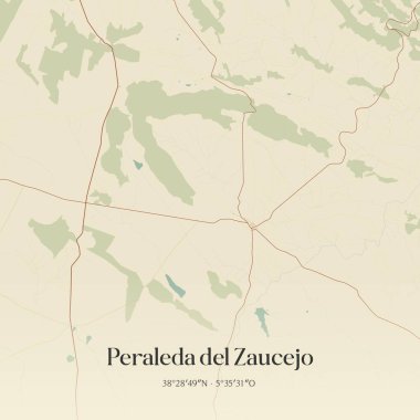 Extremadura, İspanya 'da bulunan Peraleda del Zaucejo' nun klasik duvar sanat haritası. Ormanlar, yollar, şehirler, göller ve nehirlerle ilgili hava planı.