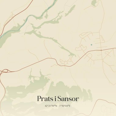 Kataluna, İspanya 'da bulunan Prats i Sansor' un klasik duvar sanat haritası. Ormanlar, yollar, şehirler, göller ve nehirlerle ilgili hava planı.