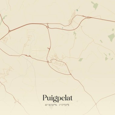 Puigpelat 'ın klasik duvar haritası, Kataluna, İspanya' da. Ormanlar, yollar, şehirler, göller ve nehirlerle ilgili hava planı.