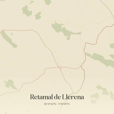 Vintage wall art map of Retamal de Llerena, located in Extremadura, Spain. Aerial plan with forests, roads, cities, lakes and rivers. clipart