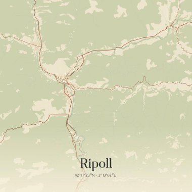 Ripoll 'un klasik duvar haritası, Cataluna, İspanya' da. Ormanlar, yollar, şehirler, göller ve nehirlerle ilgili hava planı.