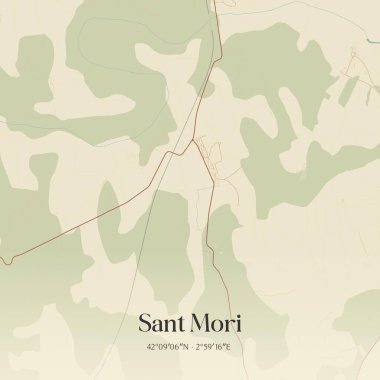 Sant Mori 'nin klasik duvar haritası, Cataluna, İspanya' da. Ormanlar, yollar, şehirler, göller ve nehirlerle ilgili hava planı.