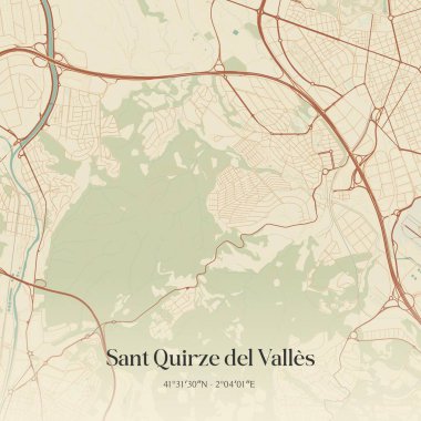 Kataluna, İspanya 'da bulunan Sant Quirze del Valles' in klasik duvar sanat haritası. Ormanlar, yollar, şehirler, göller ve nehirlerle ilgili hava planı.
