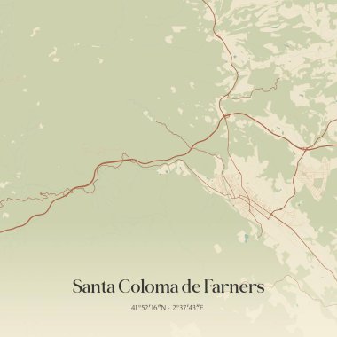 Vintage wall art map of Santa Coloma de Farners, located in Cataluna, Spain. Aerial plan with forests, roads, cities, lakes and rivers. clipart