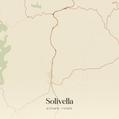 Solivella 'nın klasik duvar haritası, Kataluna, İspanya' da. Ormanlar, yollar, şehirler, göller ve nehirlerle ilgili hava planı.