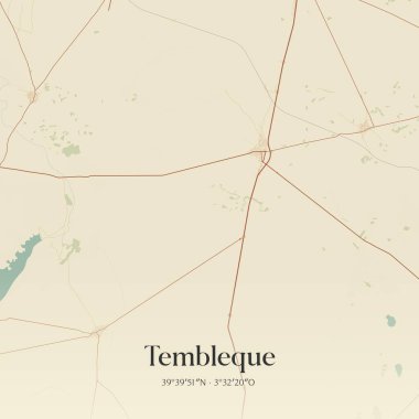 Tembleque 'in klasik duvar sanat haritası, Castilla-La Mancha, İspanya' da. Ormanlar, yollar, şehirler, göller ve nehirlerle ilgili hava planı.