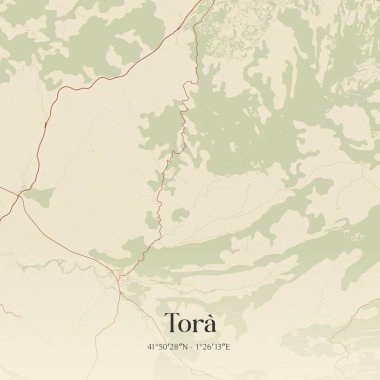 Tora 'nın klasik duvar haritası, Kataluna, İspanya' da. Ormanlar, yollar, şehirler, göller ve nehirlerle ilgili hava planı.