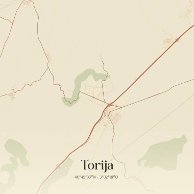 İspanya 'nın Castilla-La Mancha kentinde bulunan Torija' nın klasik duvar sanat haritası. Ormanlar, yollar, şehirler, göller ve nehirlerle ilgili hava planı.