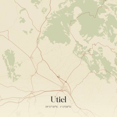 Utiel 'in klasik duvar haritası, İspanya, Valenciana Comunidad' da. Ormanlar, yollar, şehirler, göller ve nehirlerle ilgili hava planı.