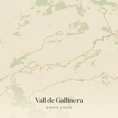 İspanya 'nın başkenti Valenciana' da bulunan Vall de Gallinera 'nın klasik duvar haritası. Ormanlar, yollar, şehirler, göller ve nehirlerle ilgili hava planı.