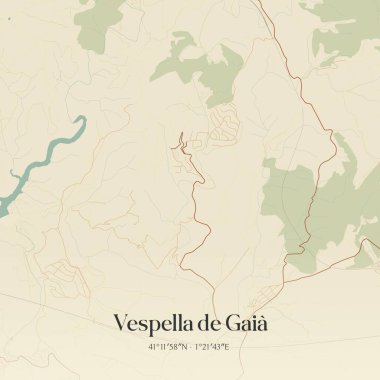 Vespella de Gaia 'nın klasik duvar haritası, Cataluna, İspanya' da. Ormanlar, yollar, şehirler, göller ve nehirlerle ilgili hava planı.