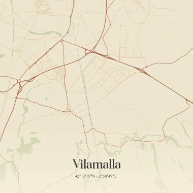 İspanya 'nın Kataluna şehrinde bulunan Vilamalla' nın klasik duvar sanat haritası. Ormanlar, yollar, şehirler, göller ve nehirlerle ilgili hava planı.
