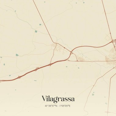 İspanya 'nın Kataluna şehrinde bulunan Vilagrassa' nın klasik duvar sanat haritası. Ormanlar, yollar, şehirler, göller ve nehirlerle ilgili hava planı.