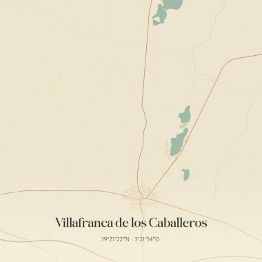 Villafranca de los Caballeros 'un klasik duvar haritası, Castilla-La Mancha, İspanya. Ormanlar, yollar, şehirler, göller ve nehirlerle ilgili hava planı.