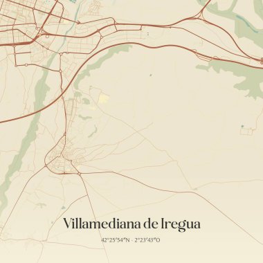 İspanya 'nın La Rioja şehrinde bulunan Villamediana de Iregua' nın klasik duvar sanat haritası. Ormanlar, yollar, şehirler, göller ve nehirlerle ilgili hava planı.