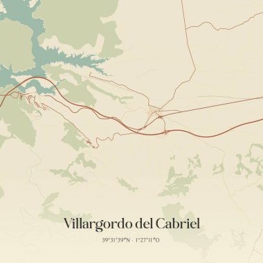 Villargordo del Cabriel 'in klasik duvar haritası, İspanya, Valenciana' da bulunuyor. Ormanlar, yollar, şehirler, göller ve nehirlerle ilgili hava planı.