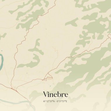 Vinebre 'nin klasik duvar sanat haritası, Cataluna, İspanya' da. Ormanlar, yollar, şehirler, göller ve nehirlerle ilgili hava planı.