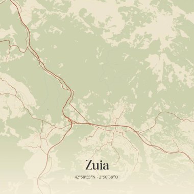 İspanya, Pas Vasco 'da bulunan Zuia' nın klasik duvar sanat haritası. Ormanlar, yollar, şehirler, göller ve nehirlerle ilgili hava planı.